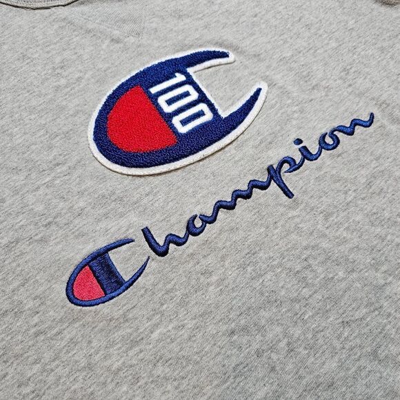Champion 100 Chenille Logo Heavy Cotton Tee Shirt Grey Blue Men's Small S Rare - Picture 7 of 8